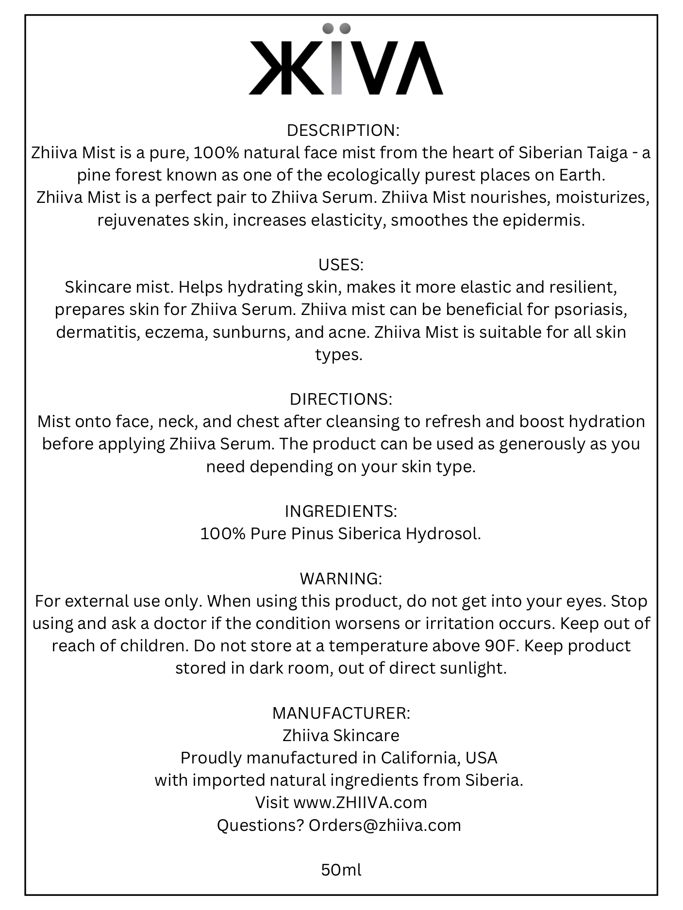 Zhiiva Mist is a pure, "chemistry-free", sustainable, natural face mist from the heart of Siberian Taiga . Zhiiva Mist is a perfect pair to Zhiiva Serum. Zhiiva Mist nourishes, moisturises, rejuvenates skin, increases elasticity, smoothes the epidermis. I