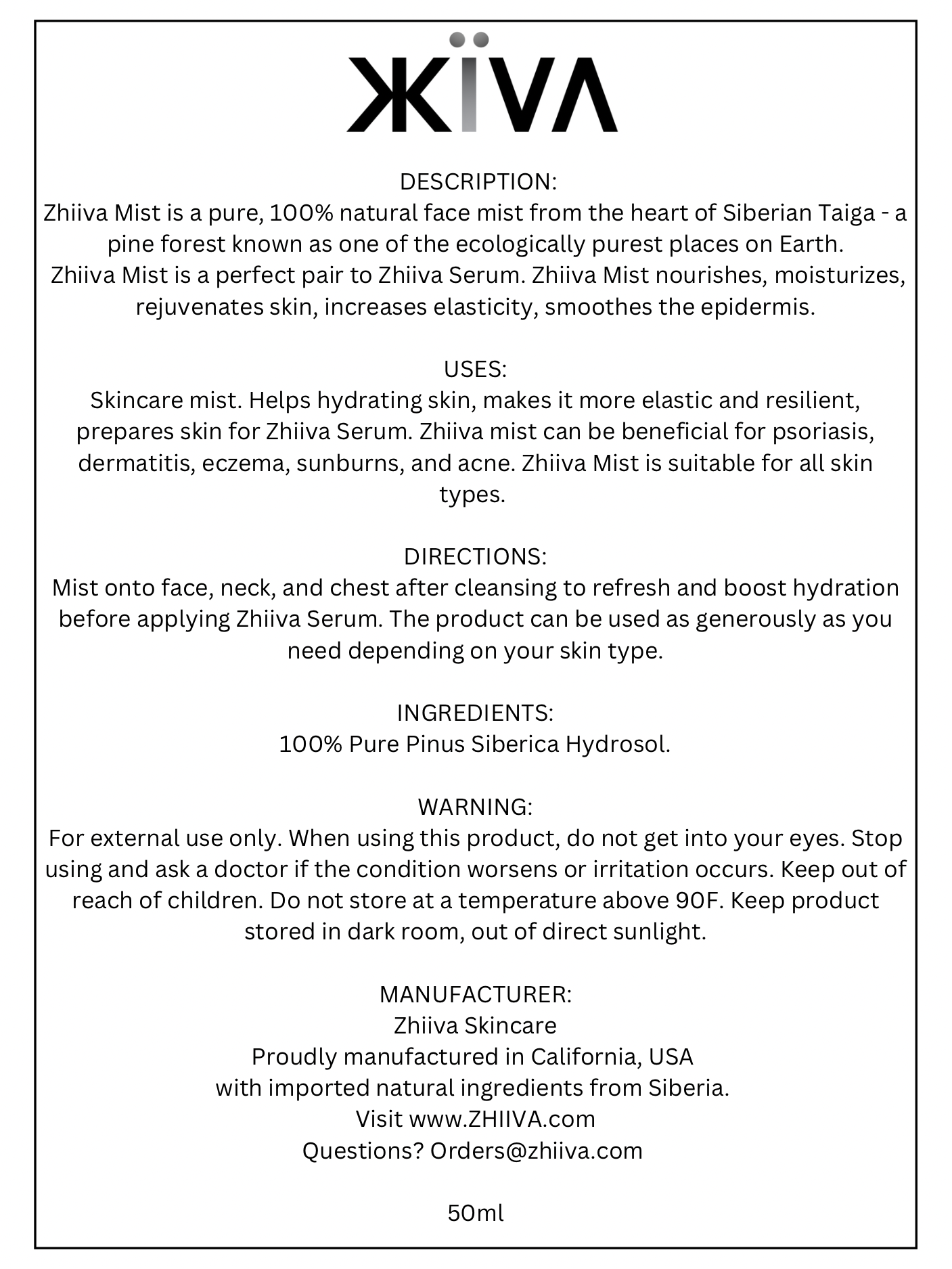 Zhiiva Serum 30ml + Zhiiva Mist 50ml Duo - Natural, Organic, Pure, Chemistry-free, skincare mist serum